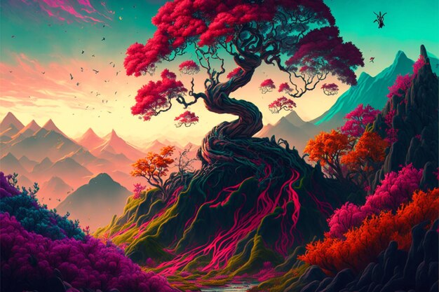 Pittura di un albero in cima a una montagna ai generativa