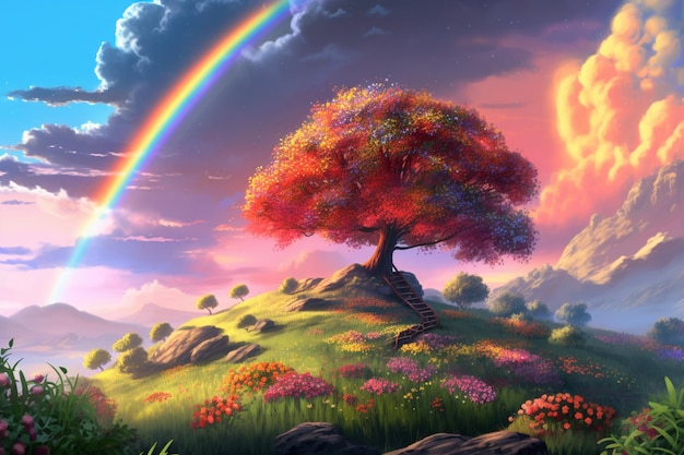 Pittura di un arcobaleno su una collina con un albero e una panchina generativa ai