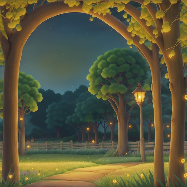 Pittura di un campo con un sentiero e una luna piena anime paesaggio di campagna campo di fiori di notte lucciole notturne accoglienti