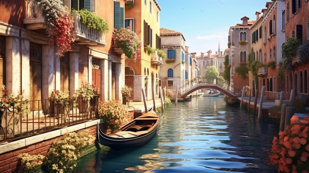 Pittura di un canale con una barca e un ponte sullo sfondo