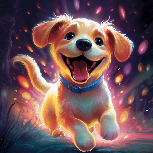 Pittura di un cane che corre al buio con lucciole sullo sfondo
