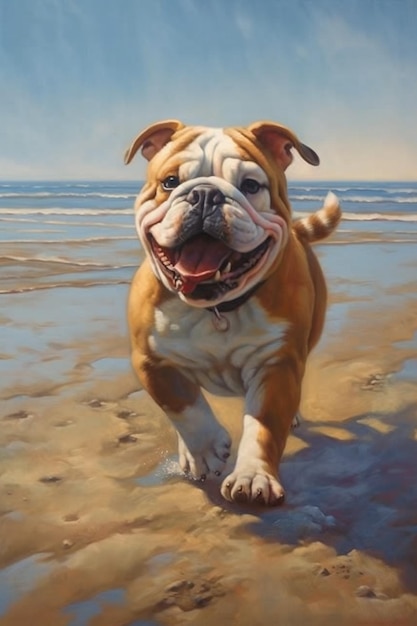 Pittura di un cane che corre su una spiaggia con l'oceano sullo sfondo
