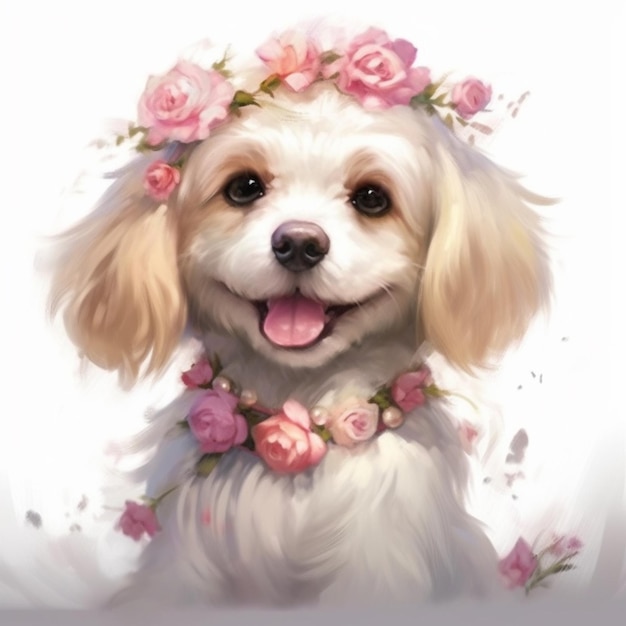 Pittura di un cane con una corona di fiori sulla testa generativa ai