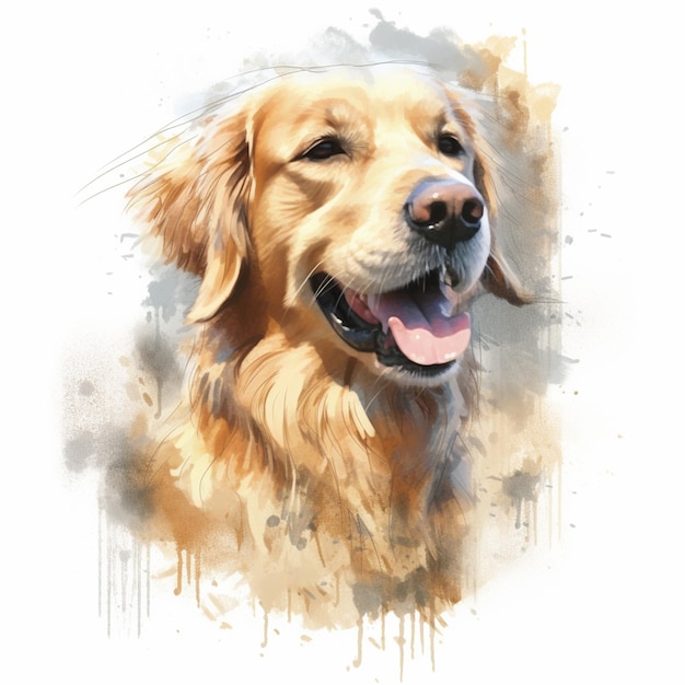 Pittura di un cane con una faccia felice e uno sfondo bianco