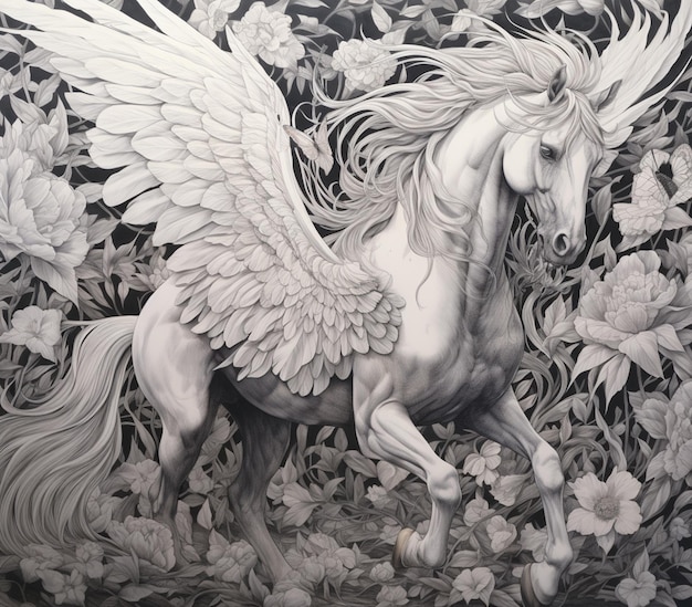 Pittura di un cavallo bianco con ali e fiori in un campo generativo ai