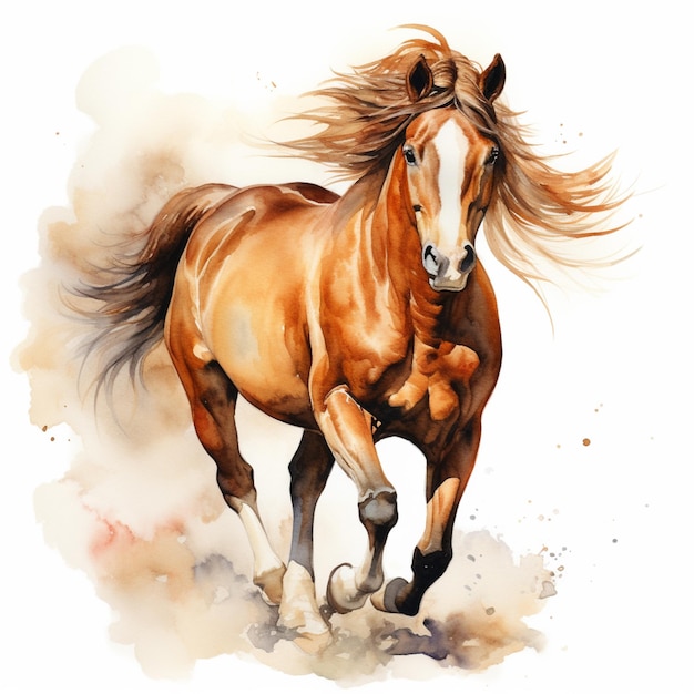 Pittura di un cavallo che corre nel vento con uno sfondo bianco ai generativo