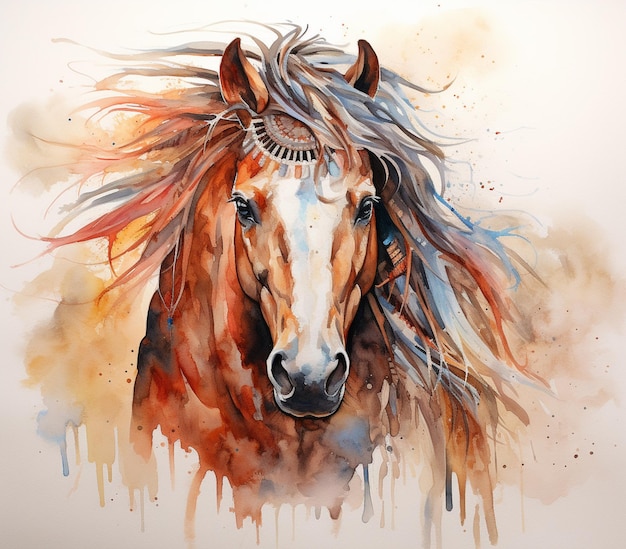 Pittura di un cavallo con una lunga criniera e una piuma sulla testa generativa ai