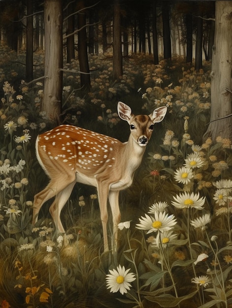 pittura di un cervo in un campo di fiori in una foresta generativa ai