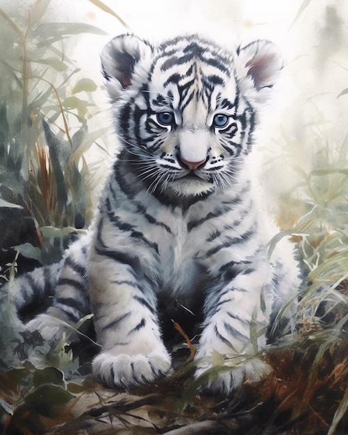 Pittura di un cucciolo di tigre bianco seduto nell'erba generativa ai