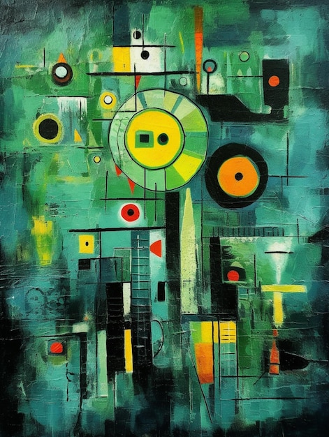 Pittura di un dipinto astratto verde con un orologio e varie forme generative ai