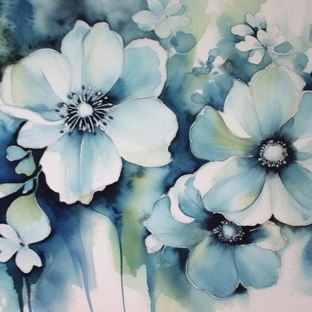 Pittura di un fiore blu con fiori bianchi su sfondo bianco ai generativa