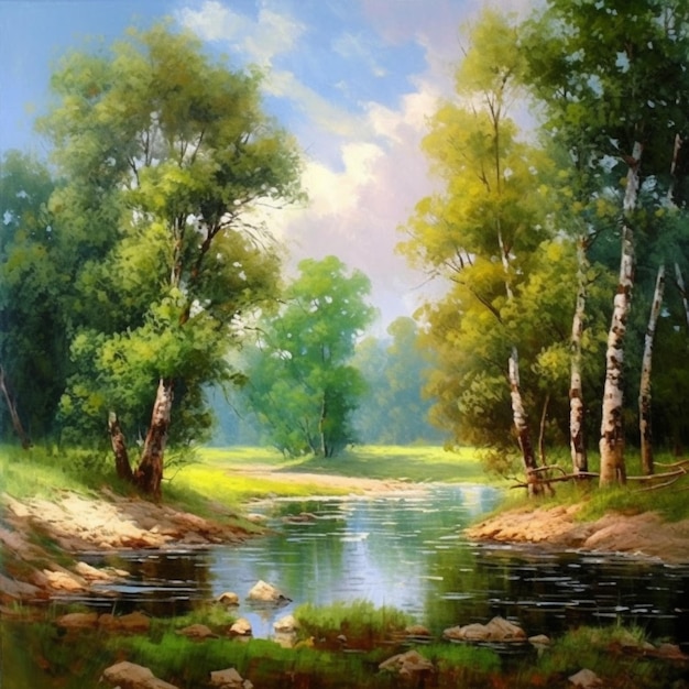 Pittura di un fiume con alberi e rocce in primo piano