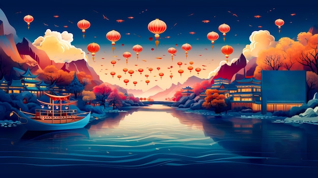 Pittura di un fiume con una barca e molte lanterne che volano sopra Generative AI