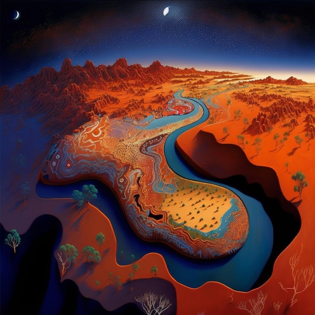 Pittura di un fiume in un deserto con una luna nel cielo generativo ai