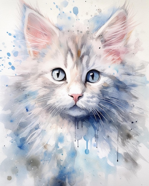 Pittura di un gatto bianco con gli occhi blu e uno sfondo bianco