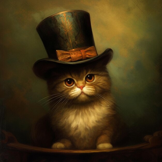 Pittura di un gatto che indossa un cappello e un papillon generativo ai