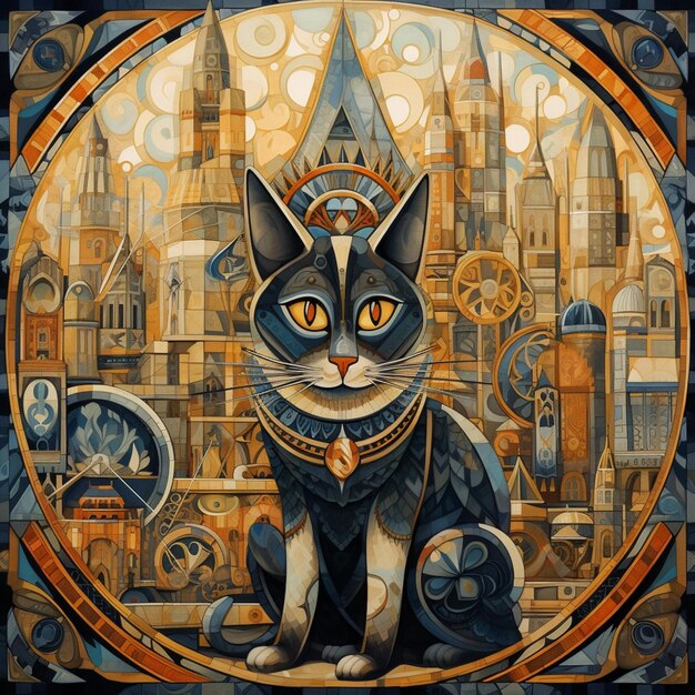 Pittura di un gatto con una corona e un orologio in un cerchio generativo ai