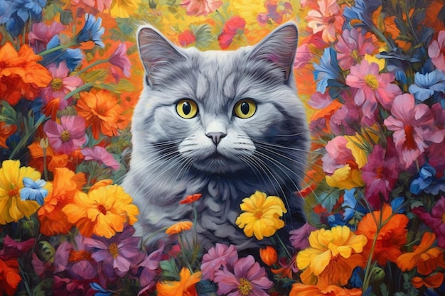 Pittura di un gatto in un campo di fiori con un uccello generativo ai
