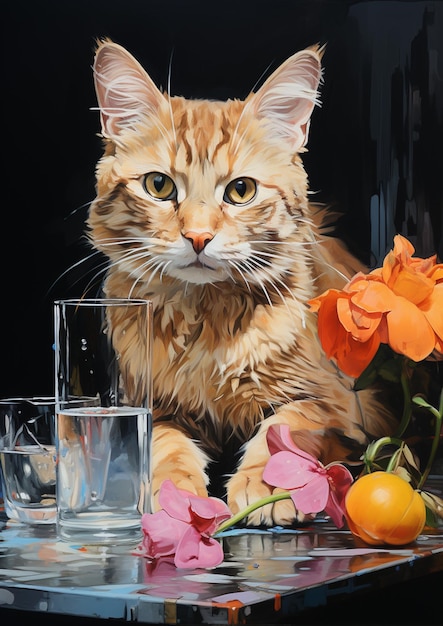 Pittura di un gatto seduto su un tavolo con un bicchiere d'acqua e fiori