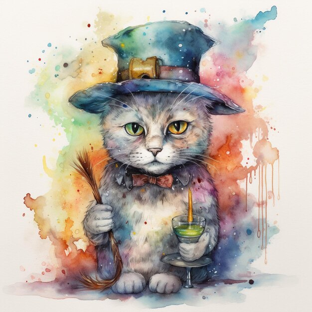 Pittura di un gatto vestito da strega con una scopa e un cappello