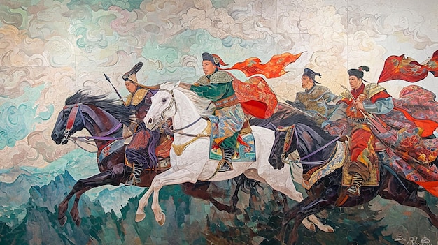 Pittura di un gruppo di uomini a cavallo con bandiere sulla schiena