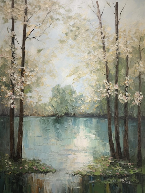 Pittura di un lago con alberi e fiori in primo piano