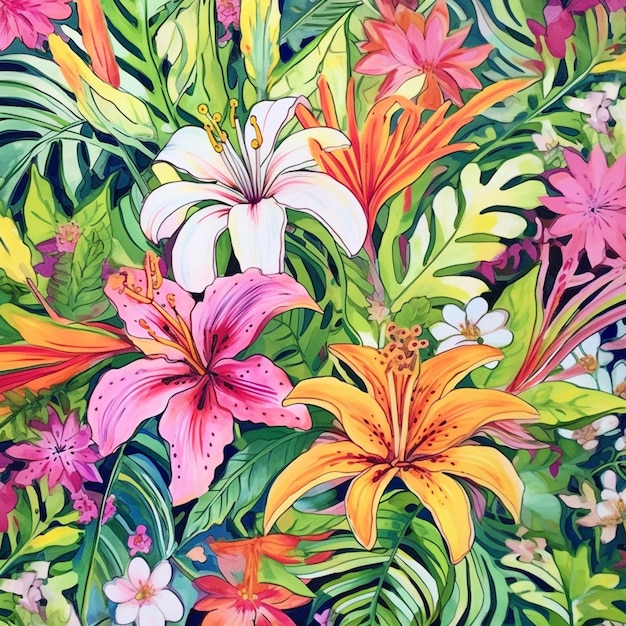 pittura di un mazzo di fiori con foglie verdi e fiori rosa generativo ai