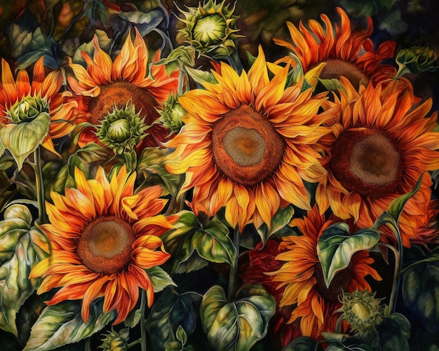 Pittura di un mazzo di girasoli con uno sfondo scuro generativo ai