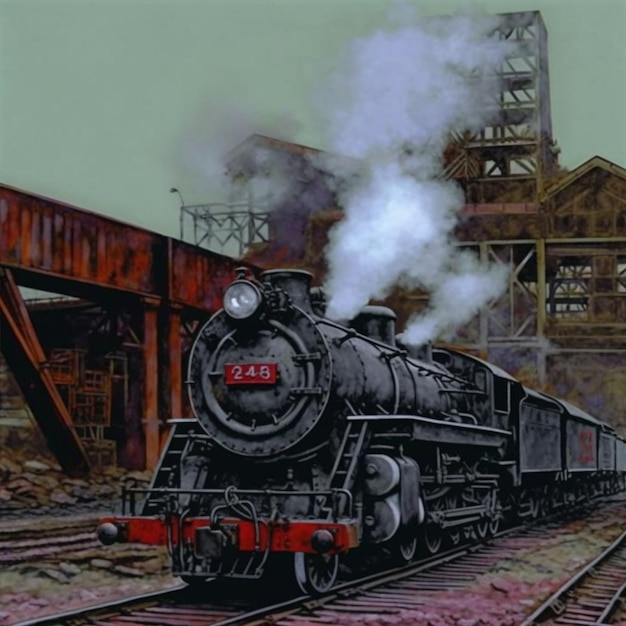 Pittura di un motore ferroviario con il vapore che ne esce