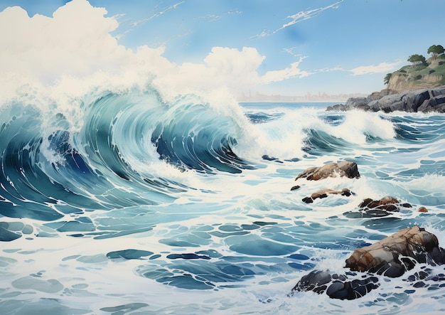 Pittura di un'onda che si rompe sulle rocce nell'oceano generativa ai