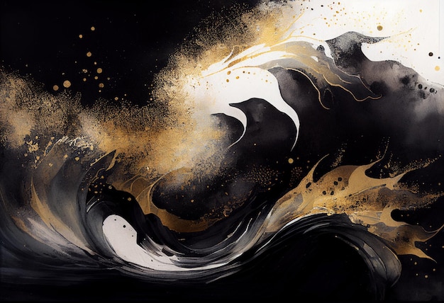 pittura di un'onda nera e dorata con uno sfondo bianco e nero generativo ai