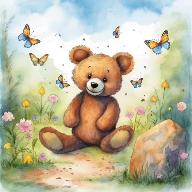 Pittura di un orsacchiotto seduto su una roccia circondato da farfalle generative ai