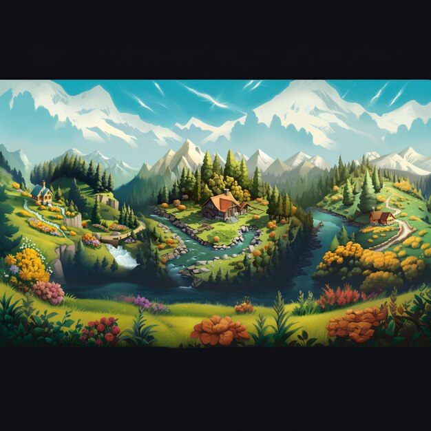 pittura di un paesaggio di montagna con un fiume e una piccola casa generativa ai