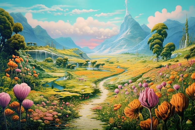 Pittura di un paesaggio di montagna con un ruscello e fiori generativo ai