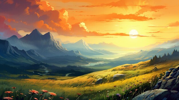 pittura di un paesaggio di montagna con una valle e un lago generativo ai