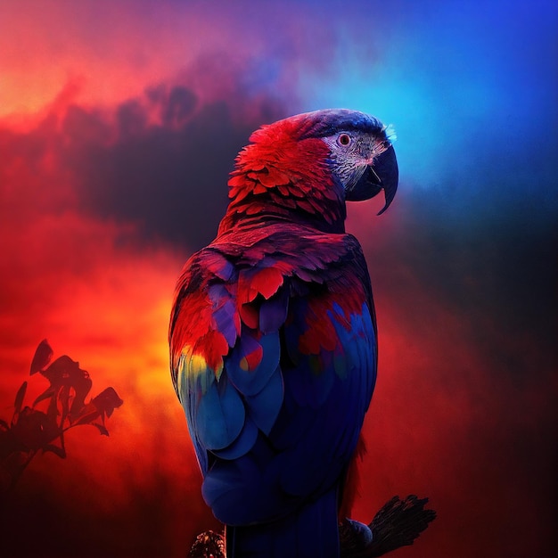 Pittura di un pappagallo dell'uccello del macaw nella priorità bassa fumosa blu e rossa