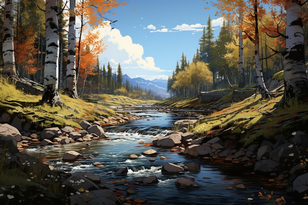 Pittura di un ruscello che attraversa una foresta con rocce e alberi generativi ai