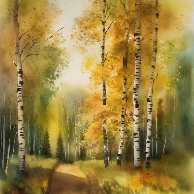 pittura di un sentiero attraverso una foresta con alberi e foglie gialle generativo ai