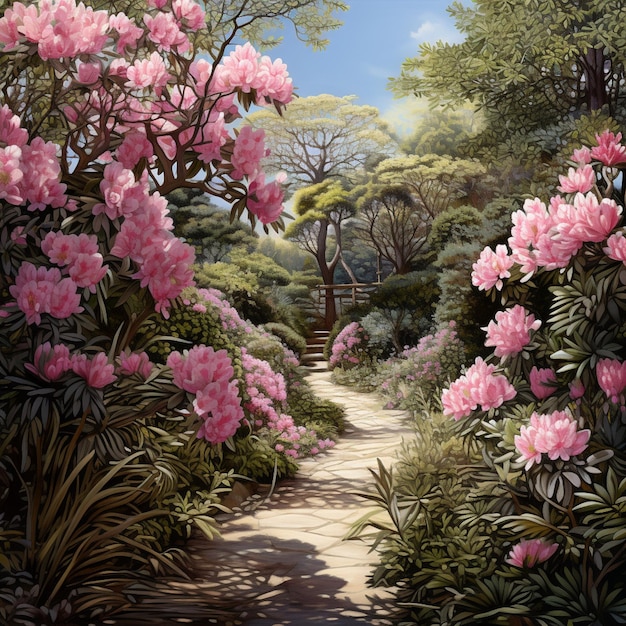 pittura di un sentiero con fiori rosa e alberi sullo sfondo generativo ai