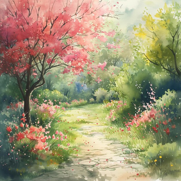 pittura di un sentiero in un giardino con fiori e alberi generativo ai