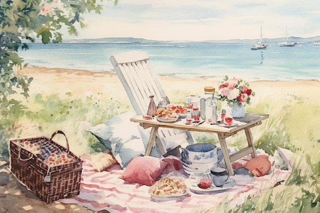 pittura di un tavolo da picnic con un cesto di frutta e un cesto Di fiori generativo ai