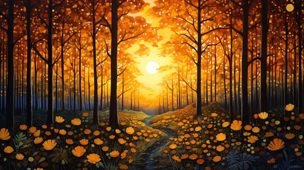 Pittura di un tramonto in una foresta con alberi