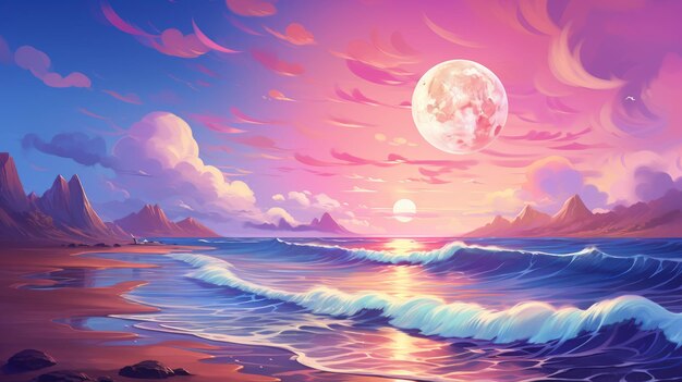 Pittura di un tramonto sopra l'oceano con la luna piena