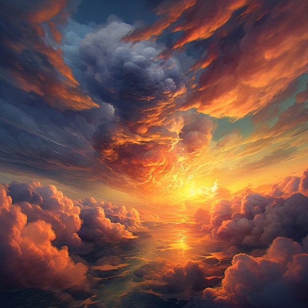 Pittura di un tramonto sopra l'oceano con nuvole e un aereo generativo ai