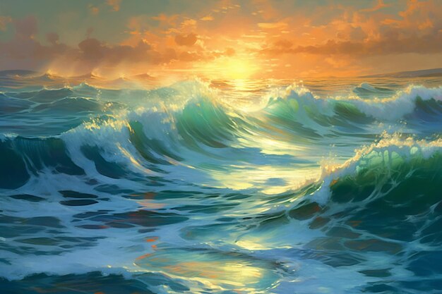 Pittura di un tramonto su un grande corpo d'acqua generativo ai