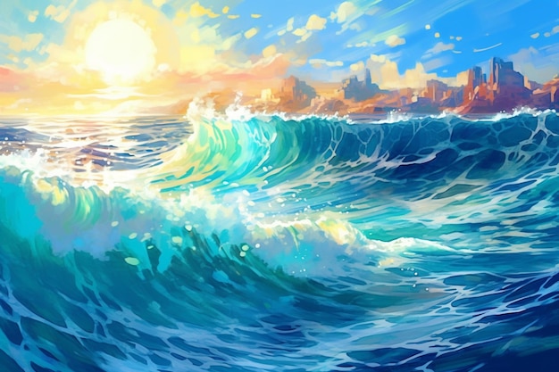 Pittura di un tramonto su una città e onde oceaniche generative ai