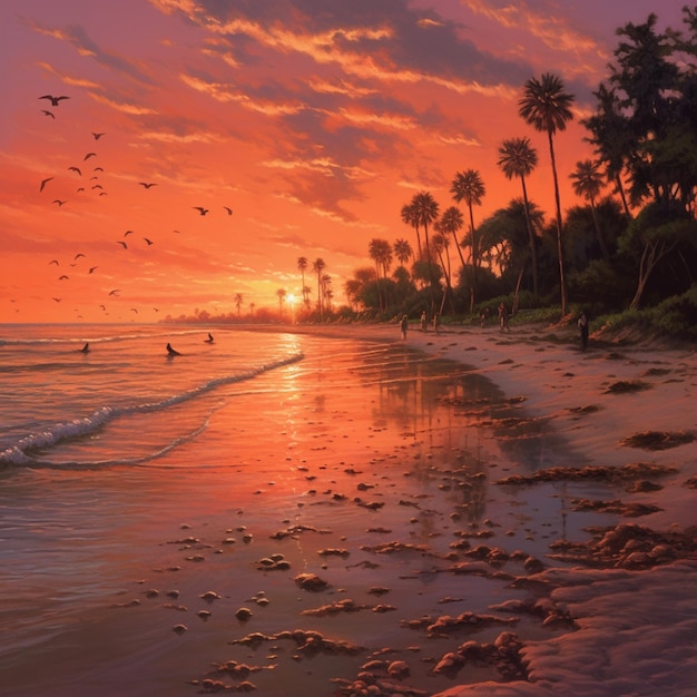 Pittura di un tramonto su una spiaggia con palme e persone generative ai