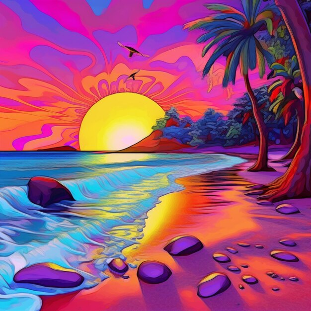 Pittura di un tramonto su una spiaggia tropicale con rocce e palme