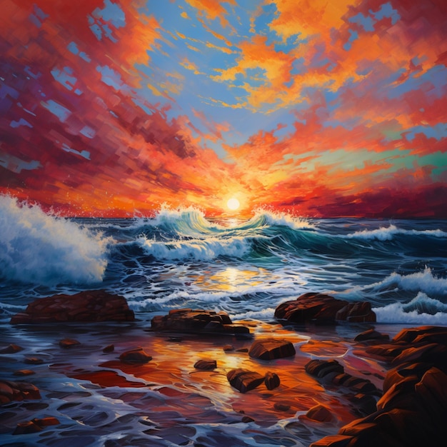 Pittura di un tramonto sull'oceano con le onde che si schiantano generativo ai