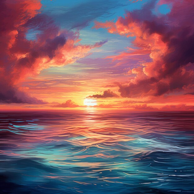 Pittura di un tramonto sull'oceano con una barca in lontananza generativa ai